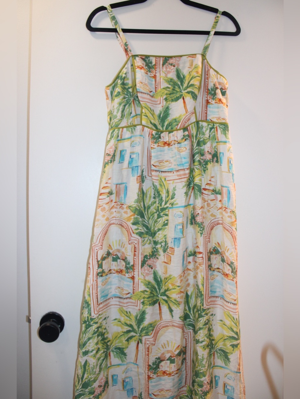 The Good Journey Postcard Print Midi Sundress with Green Piping Size 6